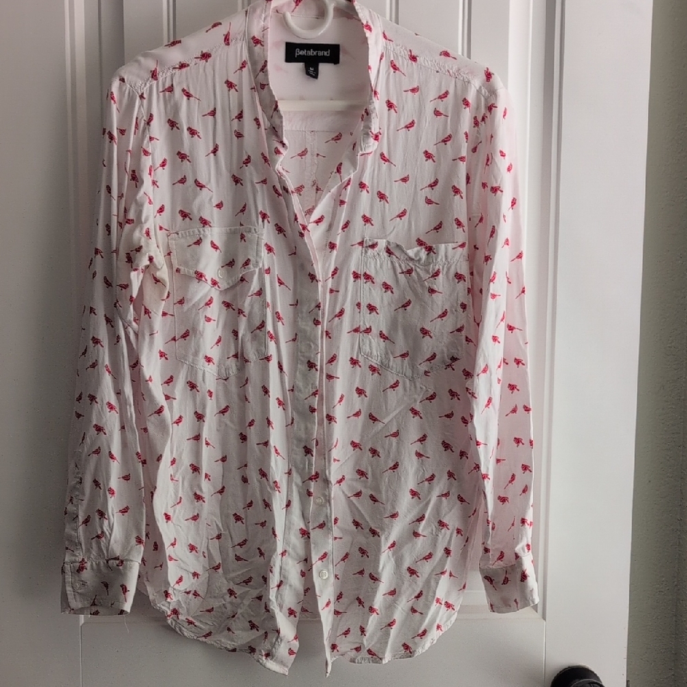 Betabrand White and Red Patterned Button Down Shirt